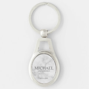 Marble Personlig Groomsmans Namn och Monogram Ovalt Silverfärgad Nyckelring