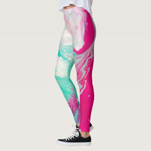 Marble Print Magenta Aqua Swirl Leggings (Vänster)