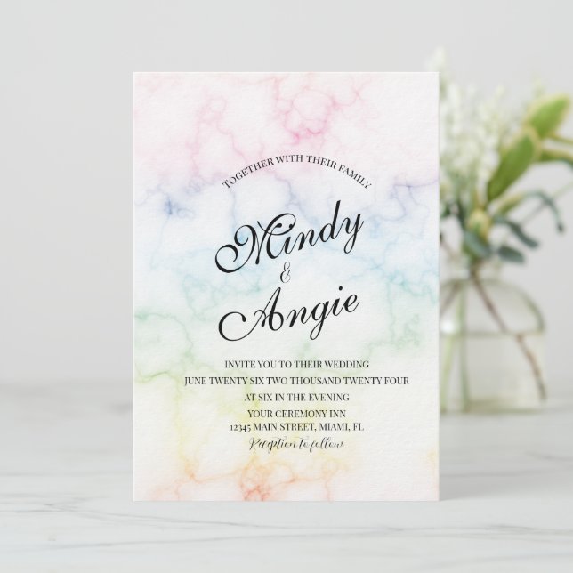 Marble Rainbow Gay Script Wedding Inbjudningar (Stående Fram)