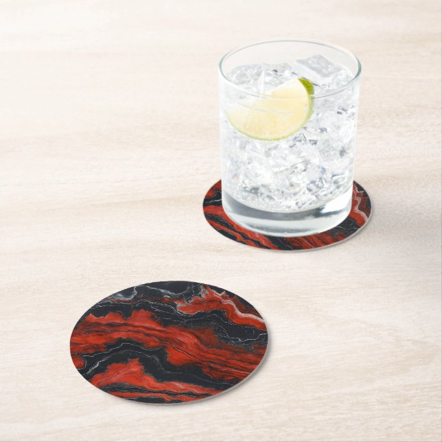 Marble Red Black Mönster Underlägg Papper Rund (Insitu)