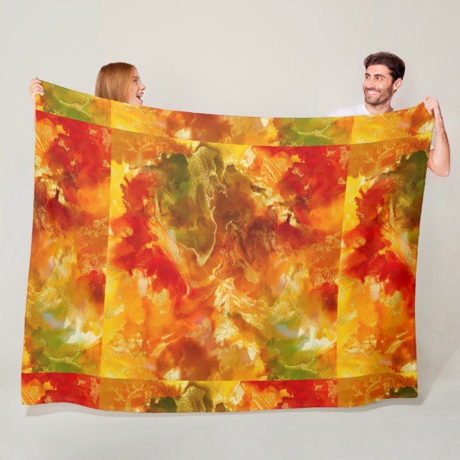 Marble red, orange, guld, gult fleecefilt (På plats)