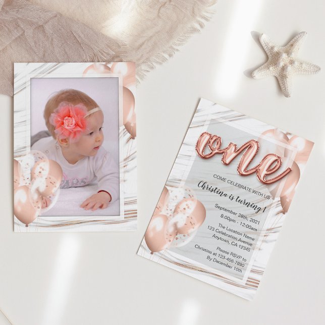 Marble Ro Guld Balloons First Birthday Girl Inbjudningar (Skapare uppladdad)