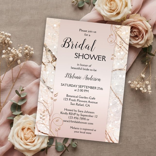 Marble Ro Guld Blommigt Inbjudningskort för möhipp (Bridal shower invitation featuring rose gold floral swirls on a blush pink with marble background)