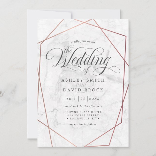 Marble Ro Guld Elegant Geometric Bröllop Inbjudningar (Framsida)