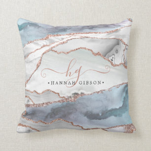 Marble Ro Guld Glitter Teal Script Monogram Kudde