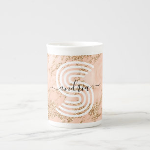 Marble ro Guld, Namn Wht Monogram Benporslin Mugg