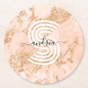 Marble ro Guld, Namn Wht Monogram Underlägg Papper Rund