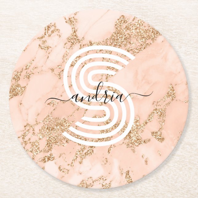 Marble ro Guld, Namn Wht Monogram Underlägg Papper Rund (Framsidan)