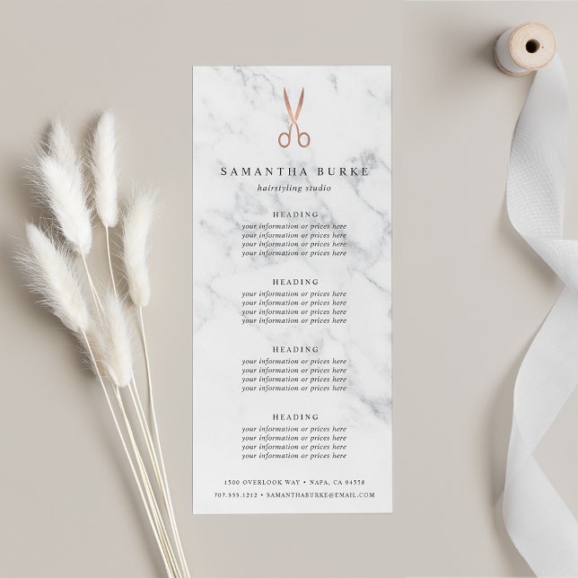 Marble Ro Guld Scissors Salon Pricing & Services Reklamkort (Skapare uppladdad)
