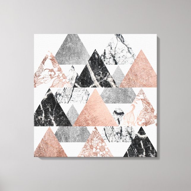 Marble Ro Guld Silver och Blommigt Geo Triangles Canvastryck (Framsida)