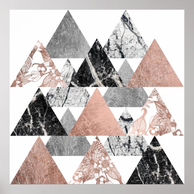 Marble Ro Guld Silver och Blommigt Geo Triangles Poster (Framsidan)
