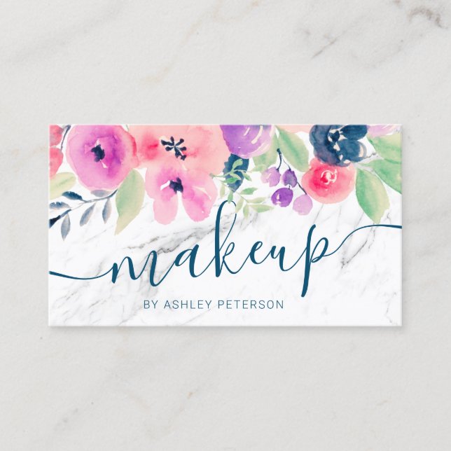 Marble rosa blue blommigt vattenfärgsskriptmakron visitkort (Framsida)