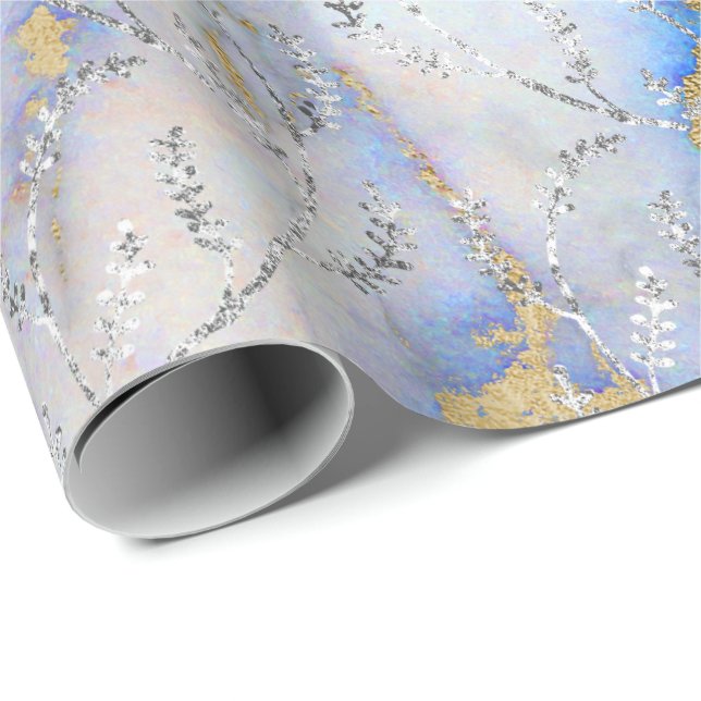 Marble Silver Grått Blue Ocean Blommigt Foils Laur Presentpapper (Rullad Hörn)