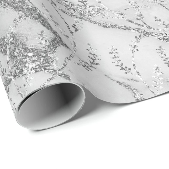 Marble Silvergrå Vit Blommig Folie Lagerblad Presentpapper (Rullad Hörn)