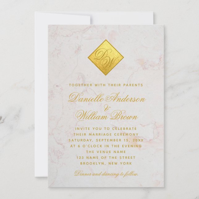Marble-skript i Monogram Faux Gold Foil Bröllop Inbjudningar (Framsida)
