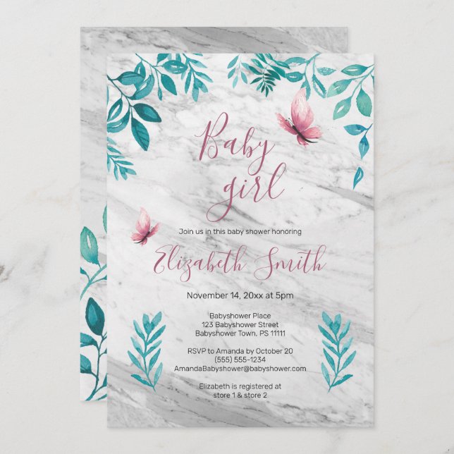 Marble söt blommigt vattenfärgsfjäril för rosa inbjudningar (Fram/baksida)