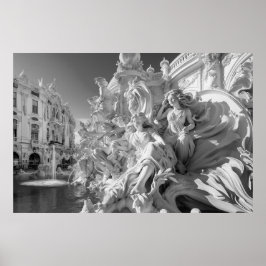 Marble statue fontän på italienska piazza B&W-foto Poster