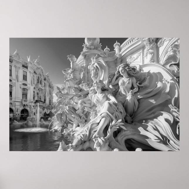 Marble statue fontän på italienska piazza B&W-foto Poster (Framsidan)