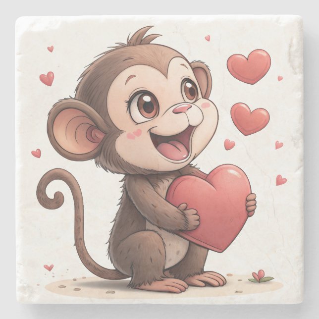 Marble Stone Coaster Valentine's Day Monkey Red  Stenunderlägg (Framsidan)