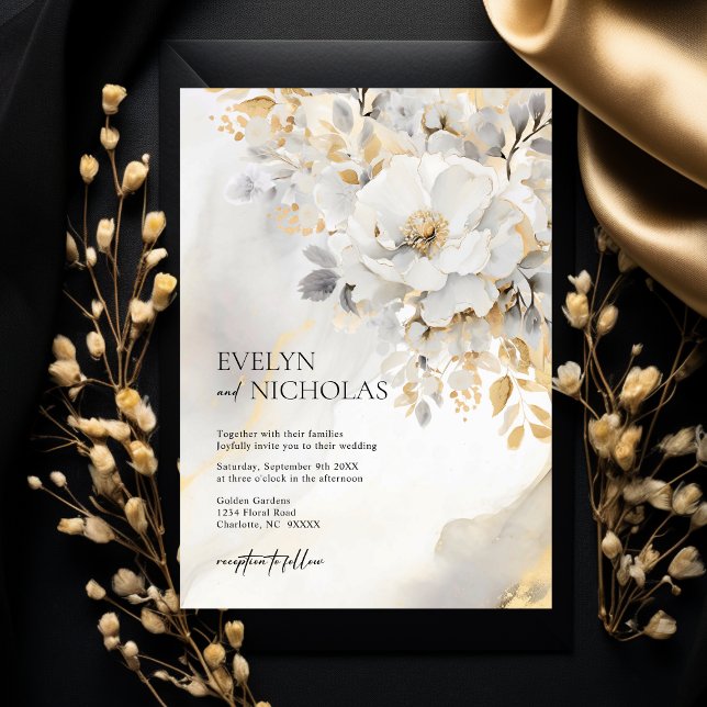 Marble Stone Guld Grått Guld Blommigt Bröllop Inbjudningar (Beautiful Gold Grey Gold Floral Wedding Invitation)