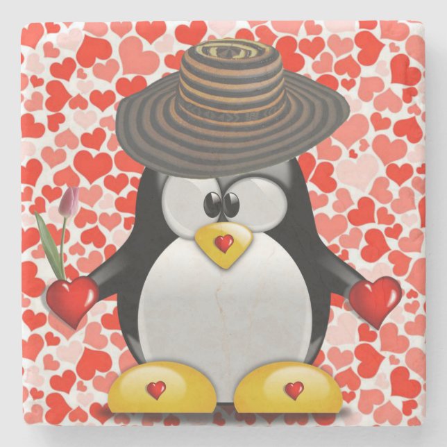 Marble Stone Underlägg Valentine Day Penguin (Framsidan)