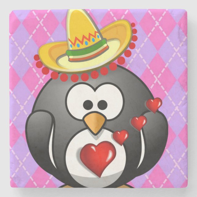 Marble Stone Underlägg Valentine Day Penguin (Framsidan)