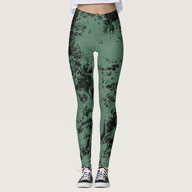 Marble struktur mönster i svart och grönt leggings (Framsida)