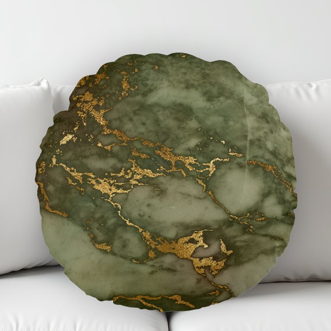 Marble Struktur Oliv grönt Faux Gold Foil Rund Kudde (Skapare uppladdad)