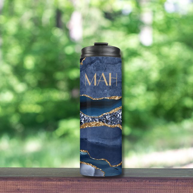 Marble-Trendiget i Glitter i Monogram Blue Guld (Blue Gold Glitter Agate Marble Monogrammed Thermal Tumbler)