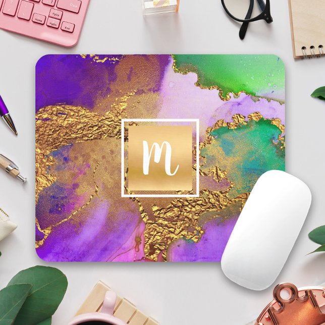 Marble Vattencolor guld lila aqua grönt monogram Musmatta (Skapare uppladdad)