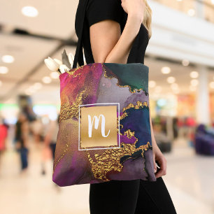 Marble water color, guld lila grönt blue monogram tygkasse