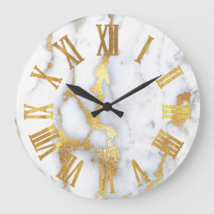 Marble White Grått Guld Metallic Roman Numbers Stor Klocka