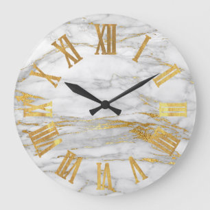 Marble White Grått Guld Metallic Roman Numbers Stor Klocka