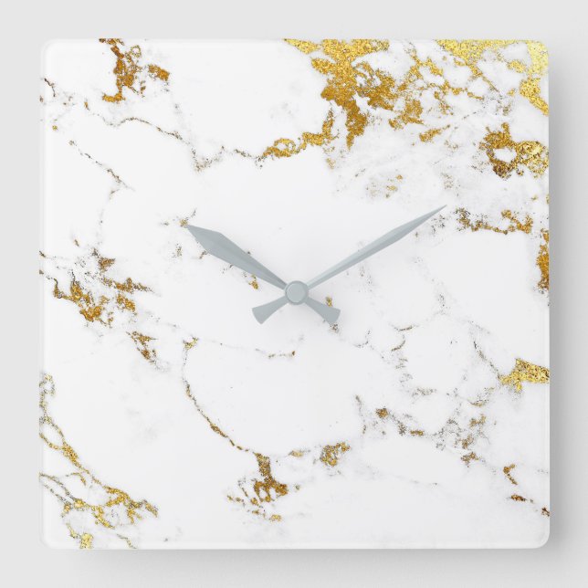 Marble White Guld Grått Carrara Abstrakt Minimal Fyrkantig Klocka (Framsida)