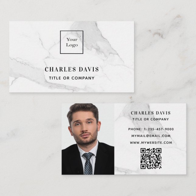 Marble white monogram-fotot Qr-logotyp-elegant Visitkort (Fram/baksida)