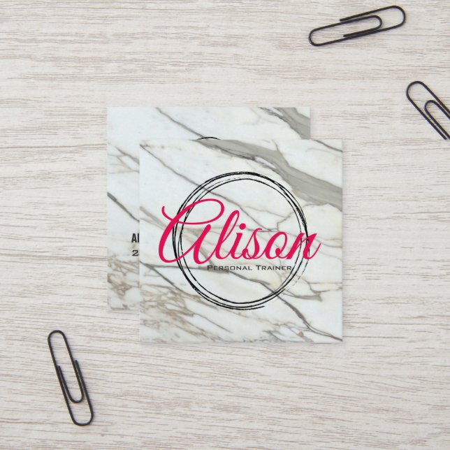 Marble white rosa calligraphy brev square card. fyrkantigt visitkort (Fram/Back In Situ)