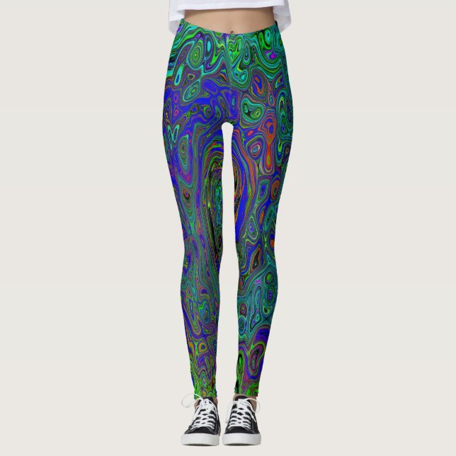 Marbleblå och akmarin Abstrakt Retro Virvel Leggings (Framsida)