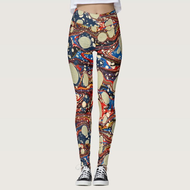 MARBLED ABSTRAKT RED BLUE SWIRLS,VITA CIRKLER LEGGINGS (Framsida)