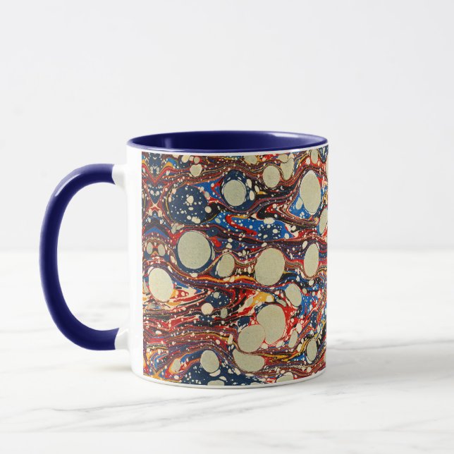 MARBLED ABSTRAKT RED BLUE SWIRLS,VITA CIRKLER MUGG (Vänster)