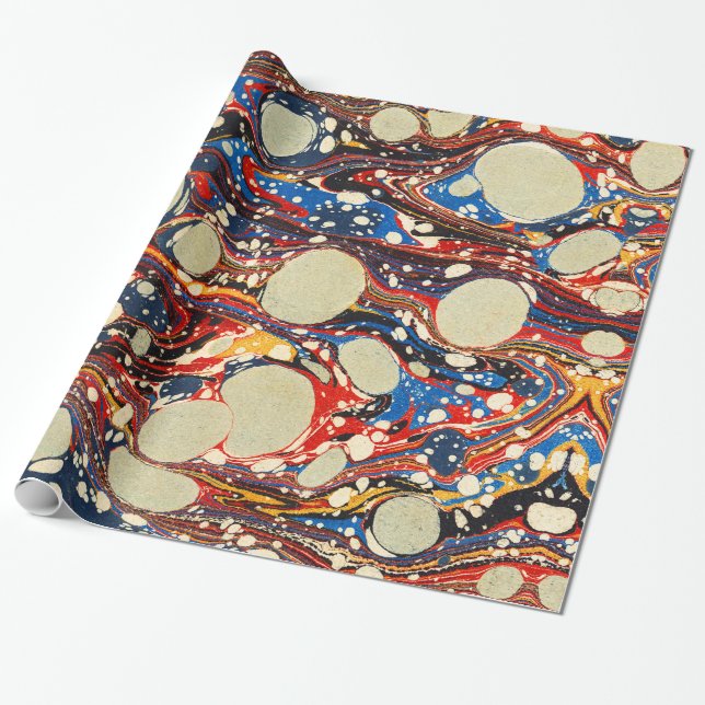 MARBLED ABSTRAKT RED BLUE SWIRLS,VITA CIRKLER PRESENTPAPPER (Utrullad)