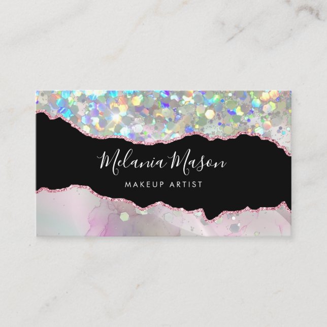 Marbled Agate Holographic Glitter QR Code Beauty Visitkort (Framsida)