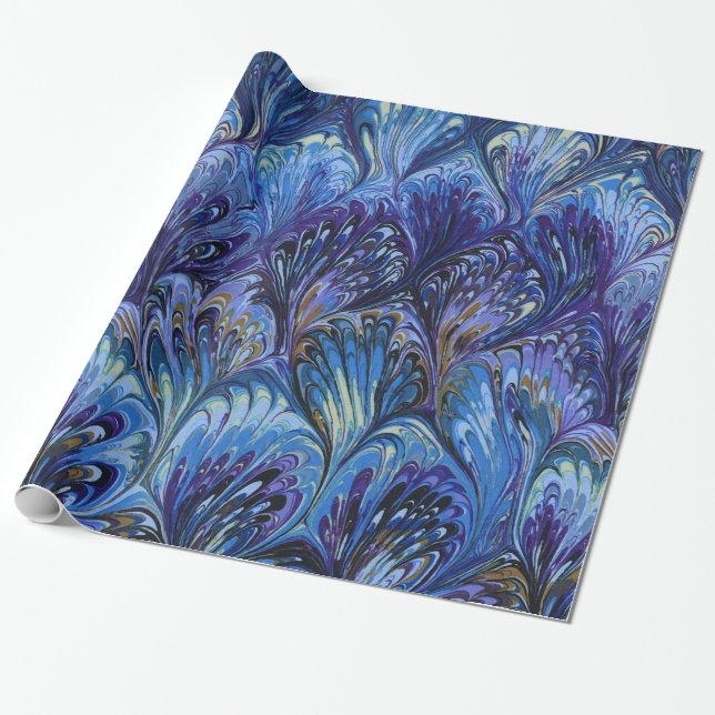 MARBLED PAPPER,ABSTRAKT BLUE PEACOCK MÖNSTER,SVARO PRESENTPAPPER (Utrullad)