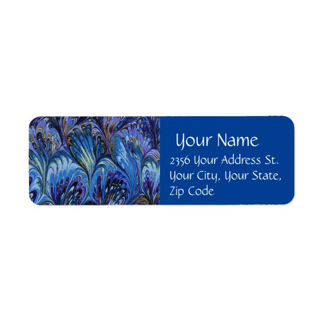 MARBLED PAPPER,ABSTRAKT BLUE PEACOCK MÖNSTER,SVARO RETURADRESS ETIKETT (Framsidan)
