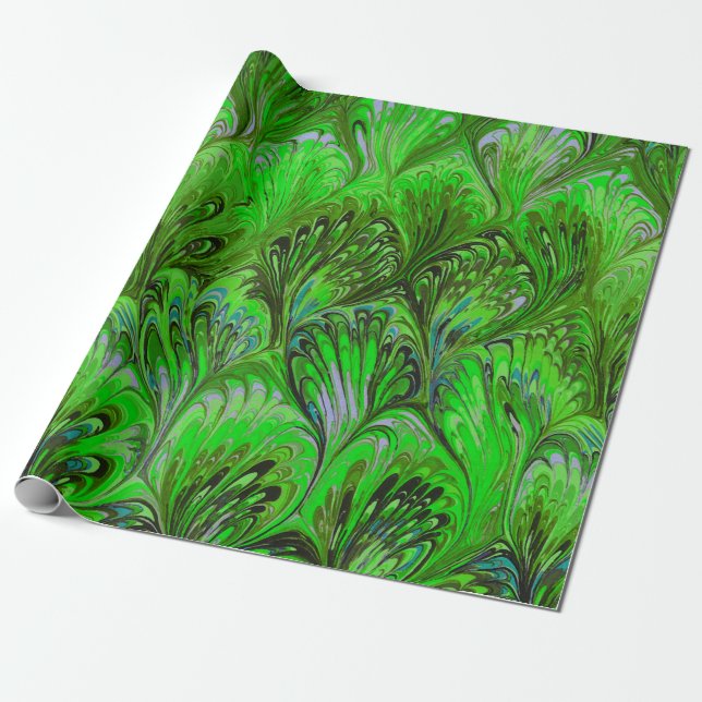 MARBLED PAPPER,ABSTRAKT GRÖNT PEACOCK MÖNSTER PRESENTPAPPER (Utrullad)