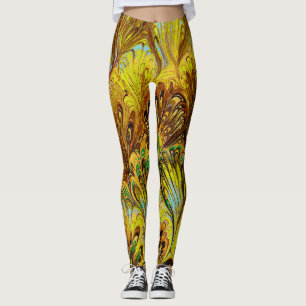 MARBLED PAPPER,ABSTRAKT GULT PEACOCK MÖNSTER LEGGINGS