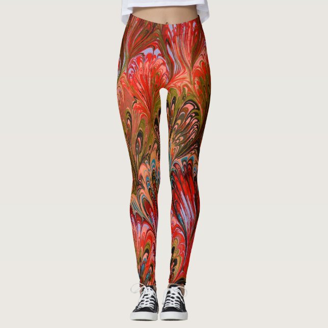 MARBLED PAPPER,ABSTRAKT RED BLUE PEACOCK MÖNSTER LEGGINGS (Framsida)