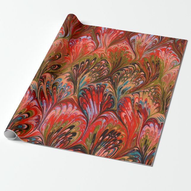 MARBLED PAPPER,ABSTRAKT RED BLUE PEACOCK MÖNSTER PRESENTPAPPER (Utrullad)