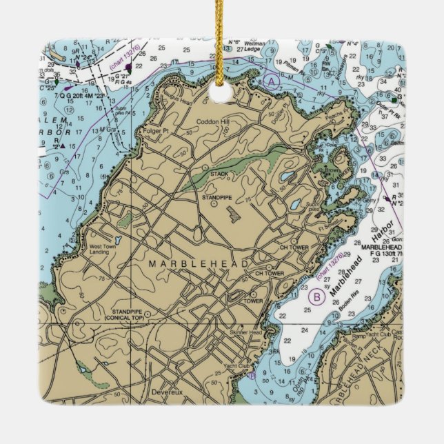 Marblehead Massachusetts Nautical Chart Julgransprydnad Keramik (Baksida)