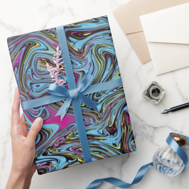 Marbleized Swirls of Black Gult Rosa Blue Gift Presentpapper (Gåvor)