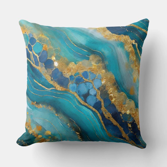 Marbleized Teal Blue Guld Elegant Faux Kudde (Framsida)